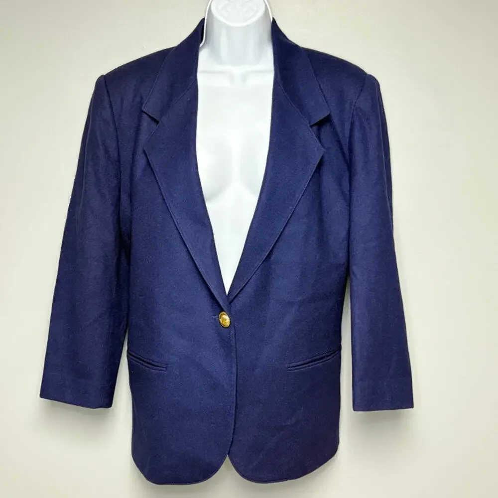 VTG 100% Wool Navy Dark Academia Old Money Minimalist Preppy Womens Blazer Sz 12